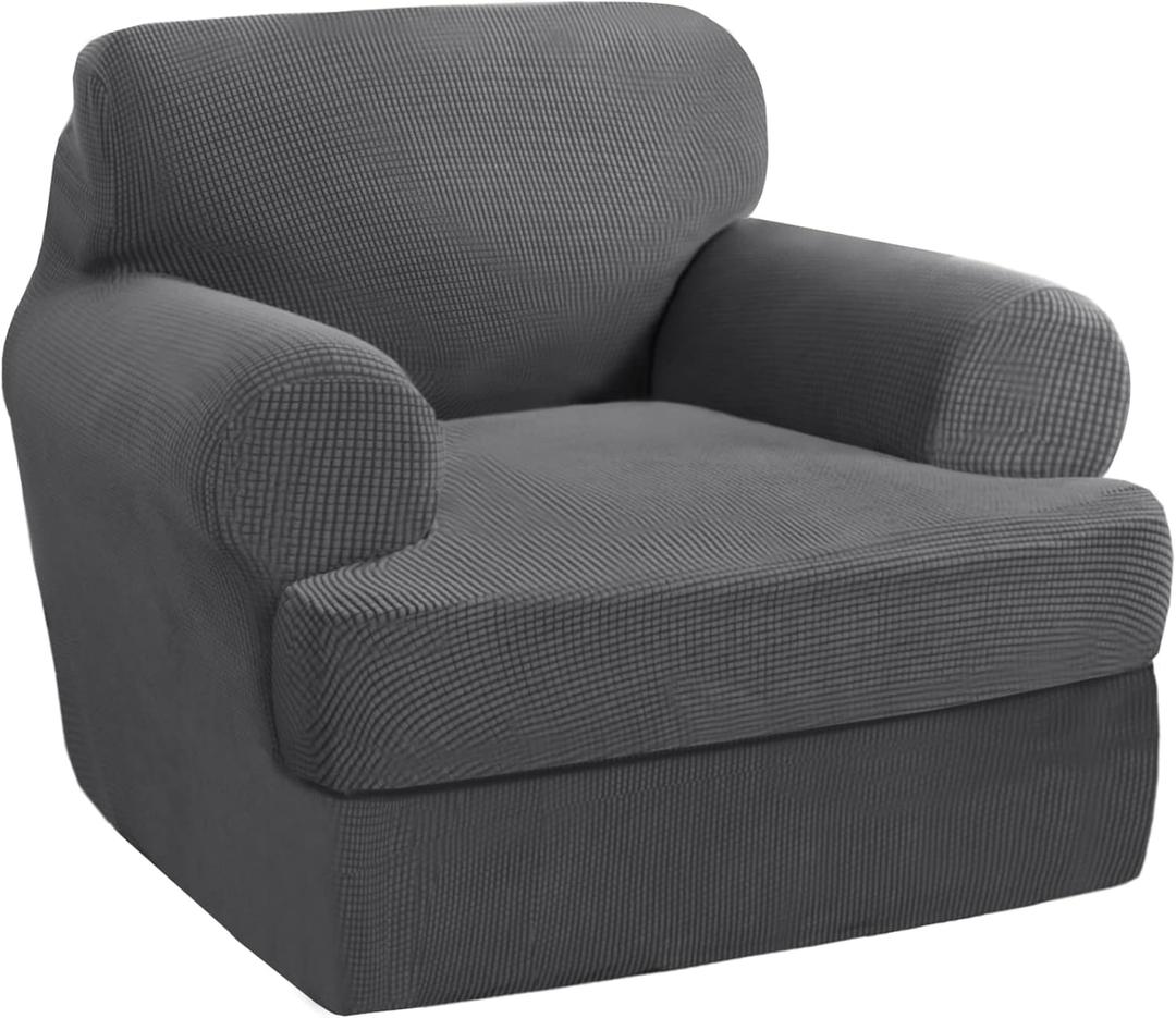 PrinceDeco 2 Pieces T Cushion Chair Slipcover Stretch Couch Covers for T Cushion Sofa Slipcovers Chair Covers Armchair with 1 Individual T Shape Seat Covers Width Up to 40", Grey
