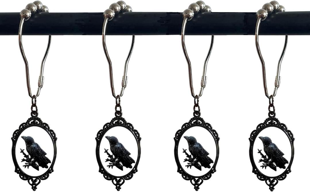 Black Raven Shower Curtain Hooks,12Pcs Halloween Spooky Crow Rustproof Metal Shower Curtain Rings, Gothic Retro Bird Home Bathroom Decor