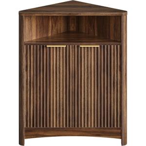 Corner Cabinet, Corner Storage with Fluted Panels and Adjustable Shelf, Modern Floor Cabinets for Small Spaces, Bathroom, Living Room, Kitchen, Walnut MCW23HT