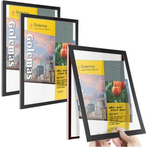 Acrylic Magnetic Sign Holder, Easy-Opening 8.5 x 11 Wall Mount Display Frames, Self Adhesive Back Plastic Clear Document Frame, Horizontal & Vertical Display (Black, 3Pack)