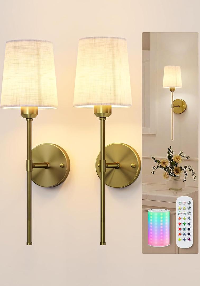 Rechargeable Wall Lights, Battery Operated Wall Sconce Set of 2, 7500mAh, Dimmable, Remote Control, Timer, Magnetic Bulb, 3 Color Temps, RGB, Wireless Wall Lamps, for Bedroom Living Room Hallway Decor