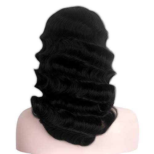 STfantasy Finger Wave Wig 1920s Retro Mid Length Long Curly Synthetic Hair for Women Cosplay Halloween Party Costume (Jet Black)