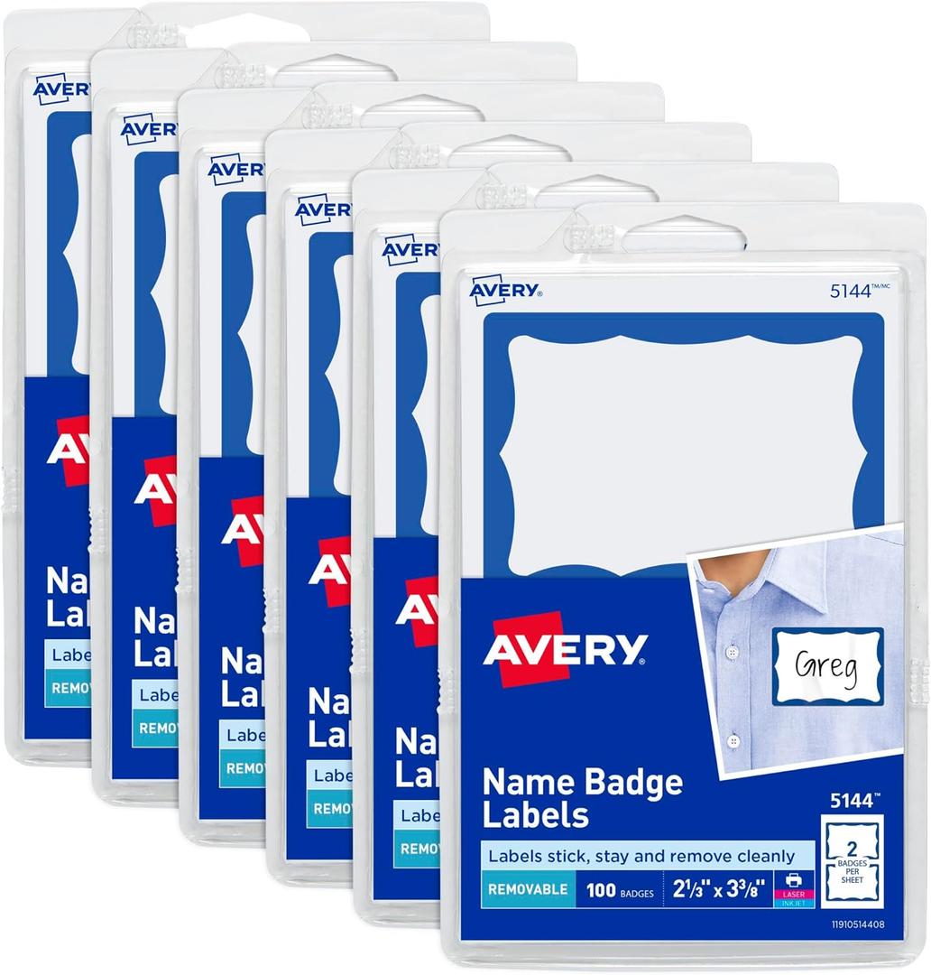 Avery Customizable Name Tags, 2-1/3" x 3-3/8", White with Blue Border, 6 Packs of 100, 600 Removable Name Badges Total (44144)