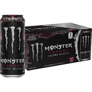 Monster Energy Ultra Black, Sugar Free Energy Drink, 16 Ounce | Pack of 15 (EXP 11/25/26)