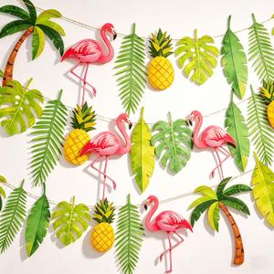 Flamingo Garland Banner 2pcs Luau Party Decorations Hawaiian Party Decorations Luau Party Banner with Pineapple, Palm Leaves for Summer Hawaii Birthday Hula Aloha Party Decor