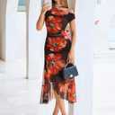 BerryGo Women Summer One Shoulder Maxi Dress Floral Ruched Mesh Bodycon Asymmetrical Date Night Formal Wedding Guest Dress (M)