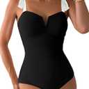 Aleumdr Women's One Piece Swimsuits Tummy Control Bathing Suits V Neck Boho Tie Shoulder Ruched Full Coverage Swimwear (Large, Black)