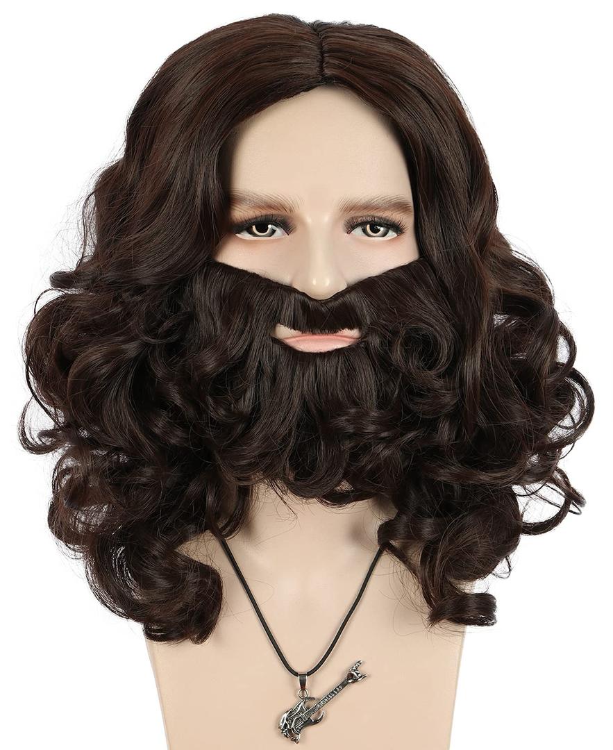 VGbeaty Adult and Beard Set Men's Dark Brown Beard Wig Halloween Costume Party