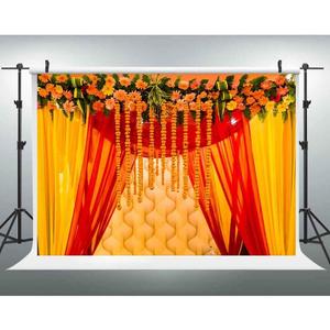 EOA 7(W) x5(H) FT Orange Marigold India Wedding Photography Backdrop Marriage Red Curtain Background Ceremony Wall Decor Photo Booth Studio Props