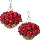 Waipfaru 2 Set Artificial Geraniums for Outdoors with Hanging Baskets, 12 Bundles UV Resistant Artificial Outdoor Plants, Fake Red Flowers for Spring Front Porch Home Patio Balcony Yard Decor
