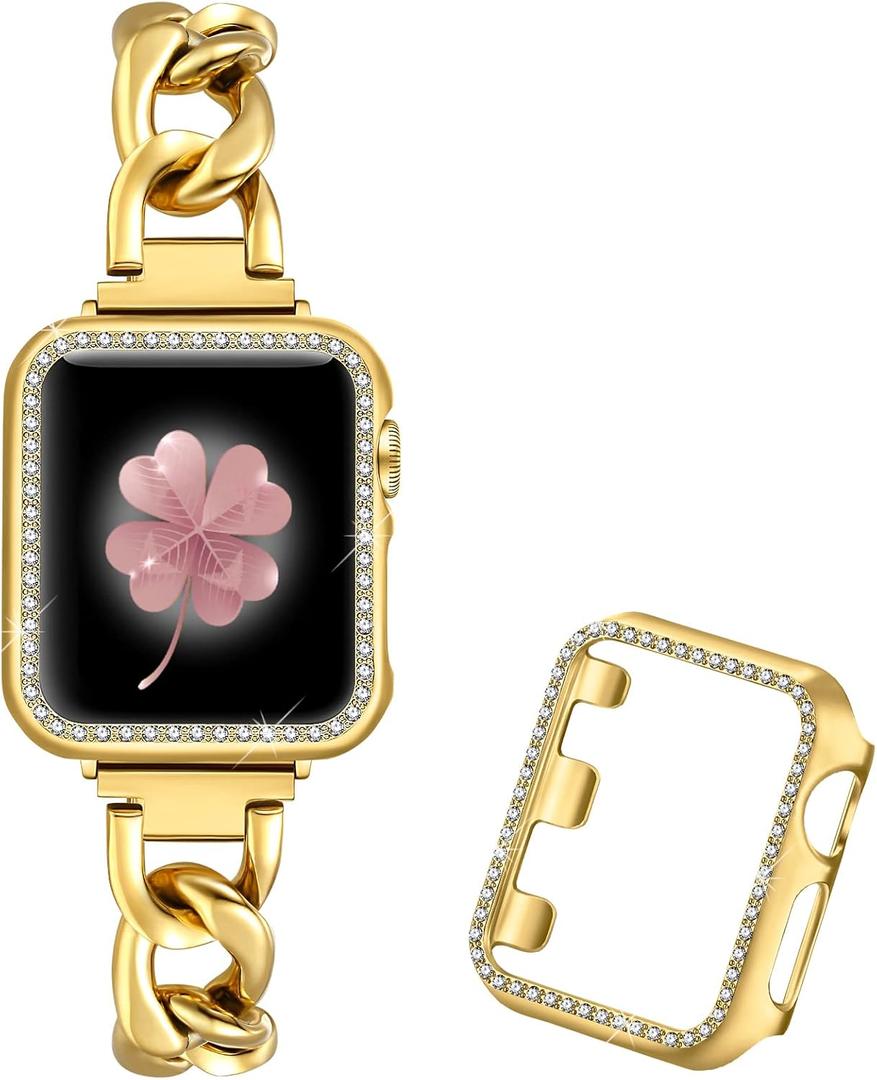Dilando Cool Chain Metal Link Bands Compatible with Apple Watch 38mm 40mm 41mm Women Men, Gold Stainless Steel Bracelet with Bling Case for Iwatch SE series 8 7 6 5 4 3 2 1(Gold,38mm) (38mm, Gold)
