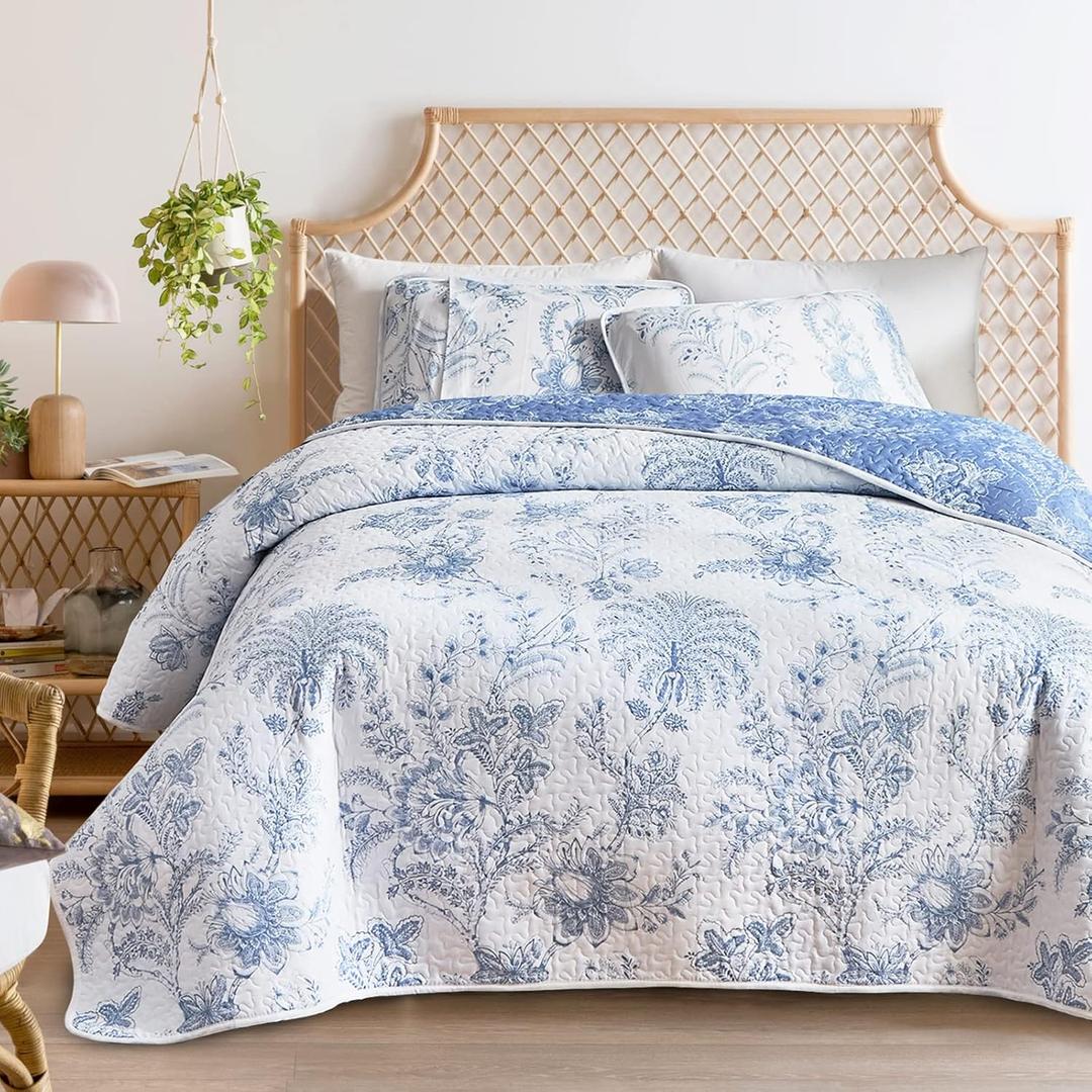 Flysheep Reversible Quilt Set Full Queen Size, 3 Pieces White Blue Botanical Floral Printed Summer Bedding Set, Soft Microfiber Lightweight Bedspread/Coverlet for All Season - 92"x90"