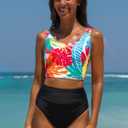 popvil High Waisted Bikini Sets for Women Modest Two Piece Tummy Control Swimsuit Floral Full Coverage Black Bathing Suit (Large)