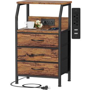 Furnulem Night Stand with Charging Station, USB Ports and Outlets, 28.3 Inch Tall Bedside Table with Wood Shelf, 3 Fabric Drawers Side Table for Bedroom, 3 Ways to Use, Rustic Brown