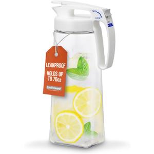 Lustroware QuickServe Airtight Pitcher - 2.1L (70oz), Heat Resistant, BPA-Free SAN Plastic, One Touch Open & Close, Space-Saving, Made in Japan - White