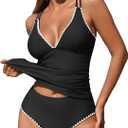 ZAFUL Womens Tankini Swimsuits V Neck Push Up Swim Top Color Block Tummy Control High Waisted Bathing Suits Swim Bottom (Medium)