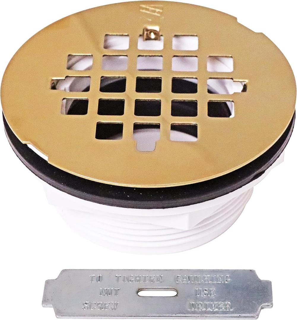 Westbrass D206P-01 2" No-Caulk PVC Compression Shower Drain with 4-1/4" Round Grid Cover, Polished Brass