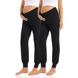 Foucome Women's Maternity Pants Comfy Lounge Workout Leggings Underbelly Stretchy Pregnancy Joggers Sweatpants (Medium, 2pack Black)