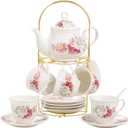 20-Pieces Porcelain Bone china Tea Sets,Gold Rim Coffee Set with Golden Metal Rack,Tea Gift Sets for Home&Party (003)