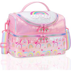 RHCPFOVR Kids Lunch Bag - Double Decker Cooler Insulated Lunch Box for Boys Girls Washable Lunch Bag and Reusable Toddler Lunchbox for School and Daycare (Flower Unicorn)