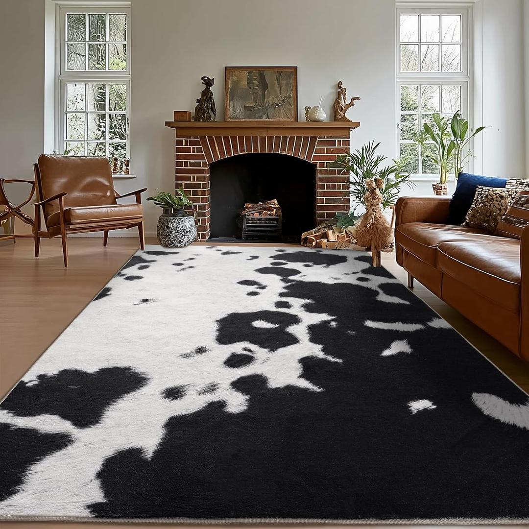 Cowhide Rug Area Rugs for Living Room, 8x10 Cow Print Rug Machine Washable for Bedroom Dining Room Western Home Decor Non-Slip Low Pile Indoor Floor Carpet