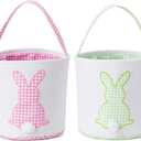 Easter Basket with Handle Easter Bucket Easter Baskets Easter Basket Bags Egg Hunt Basket Canvas Plaid Bunny Print Basket with Fluffy Tail (Pink Plaid+Green Plaid)