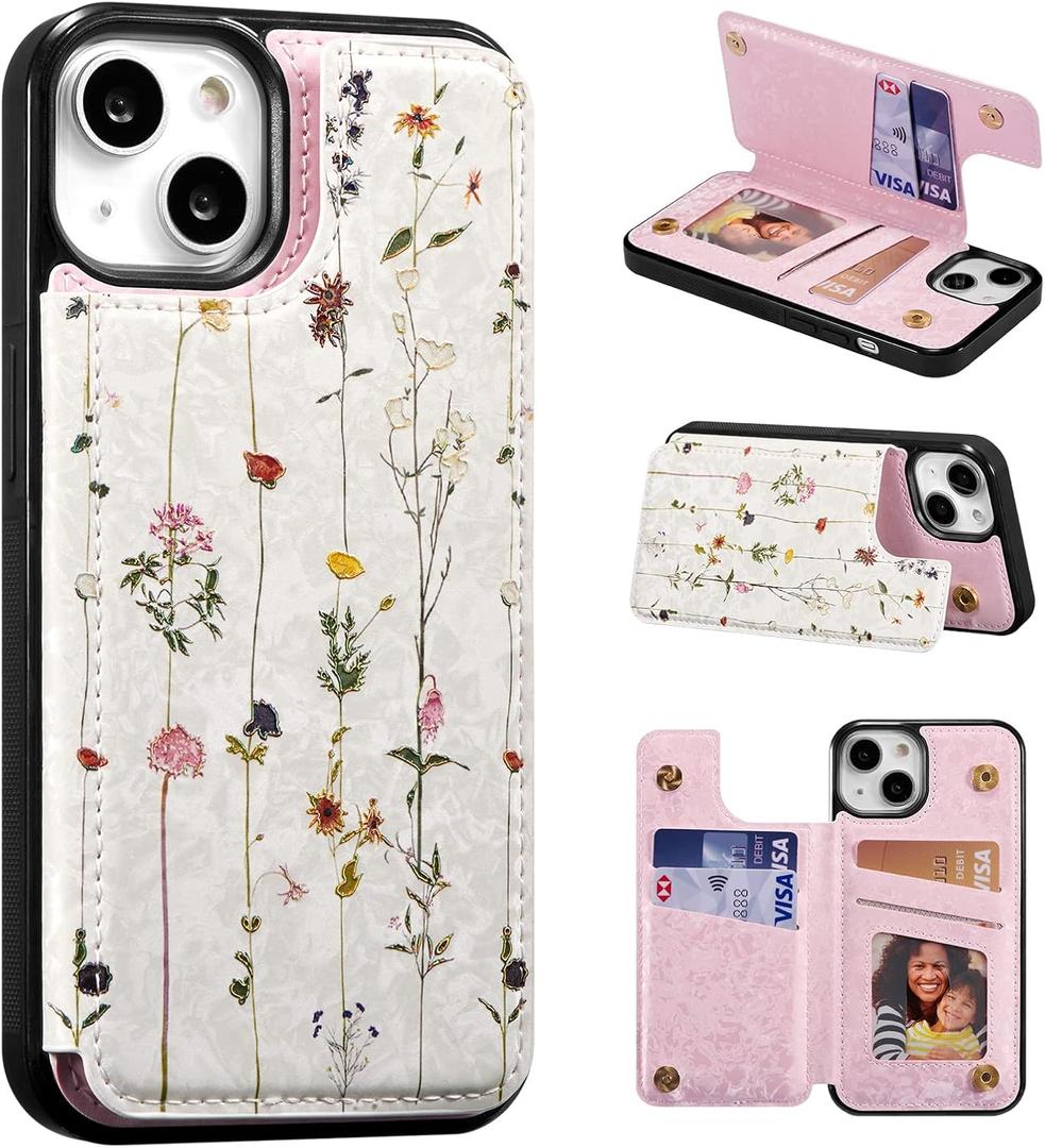 UEEBAI Wallet Case for iPhone 15 with Card Holders, PU Leather Cover Kickstand RFID Blocking Double Magnetic Clasp Rilievo Flower Shockproof Flip Case for Women Girls - Tree Vine