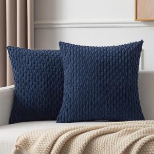 Kevin Textile Throw Pillow Cover Striped Corduroy Plush Texture Velvet Euro Cushion Cover for Bed 24 x 24 inch (60cm) Set of 2 Navy Blue