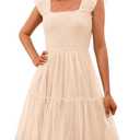 PRETTYGARDEN Womens 2025 Trendy Mini Summer Dresses Sleeveless Tulle Ruffle Square Neck Tiered Smocked Beach Vacation Dress (Apricot,Small)