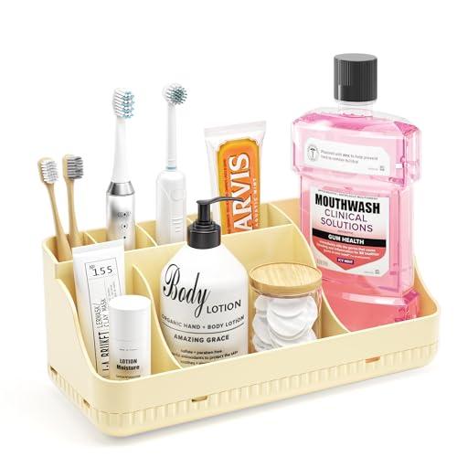 Bathroom Counter Organizer and Storage, 7 Slots Detachable Toothbrush Holders for Bathrooms, Anti-Slip Electric Toothbrush and Toothpaste Holder Countertop Vanity Organizer Accessories for Adults Kids