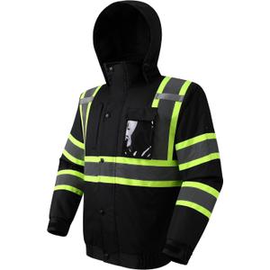 JKSafety Hi-Vis Safety Bomber Jacket for men and women | Safety Jacket Durable and Waterproof | Construction Work Jacket for Winter | Cold Weather PPE | ANSI Compliant (116-Black XL)
