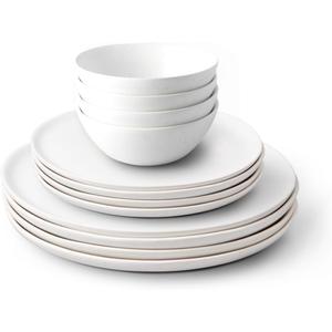 Fable Dinnerware Set - Includes 4 Each of The Dinner + Salad Plates, and The Breakfast Bowls - Dishwasher Safe, Durable Stoneware Ceramic Plates and Bowls - Speckled White