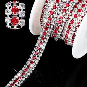 Junkin 3 Rows 6 Yards Crystal Rhinestone Trim Close Chain Bling Diamond Rhinestone Jewelry Chain for Crafts DIY Sewing Clothing Wedding Party Making Decorations Bridal Embellishments Red and White