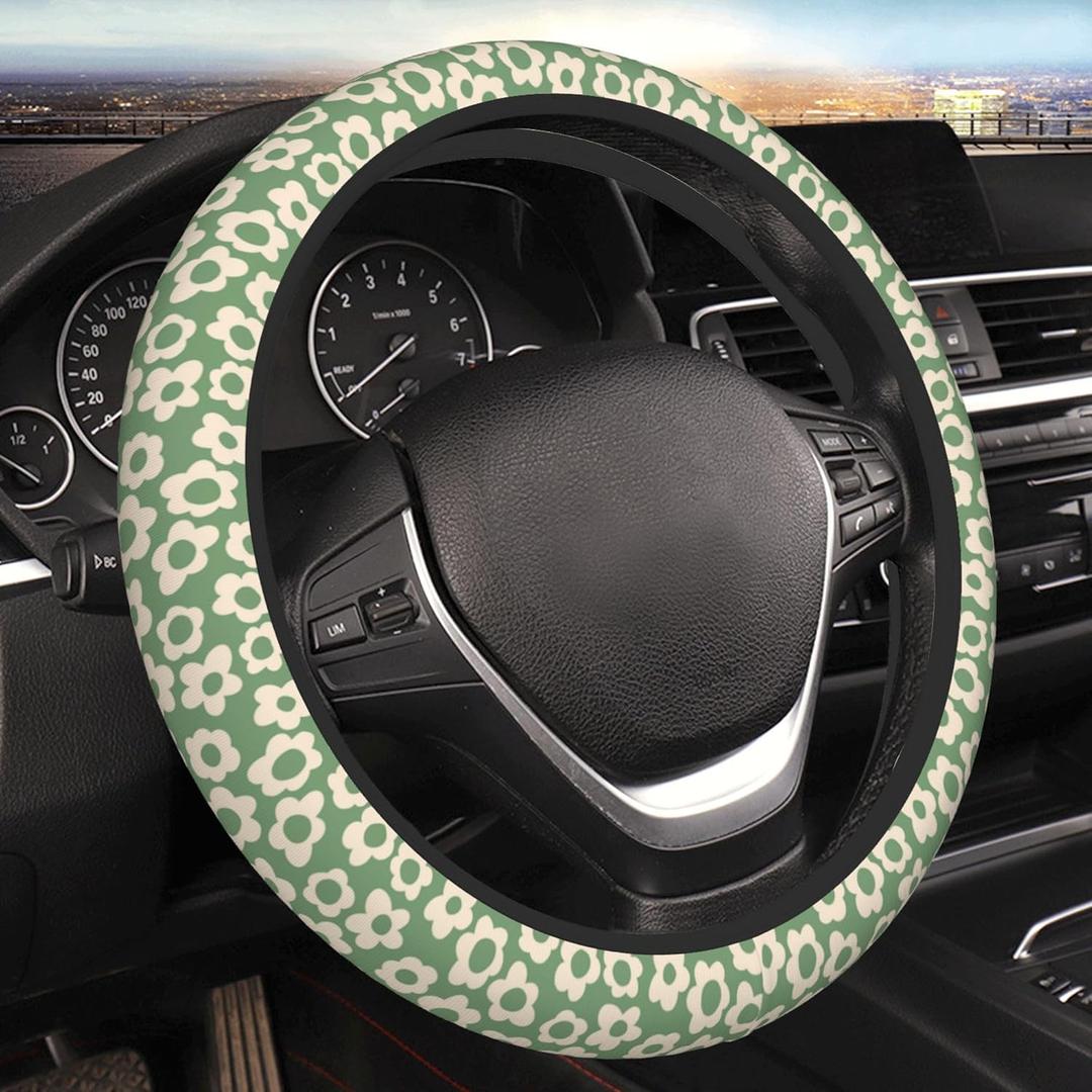 Vintage Groovy Flowers Steering Wheel Cover Cute Universal 15 Inch Car Accessories Protector for Women Fit Auto SUV Sedan Vans Trucks (One Size)