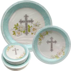 100 Count Paper Plates 50-9" Dinner Paper Plates, 50-7" Dessert for Baby Boy Bapstism First Communion Christening Religious Dinnerware (Aqua Blue - Baptism)