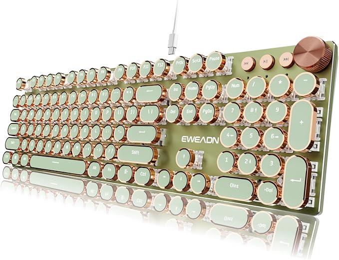 EWEADN Typewriter Style Mechanical Keyboard, Wired Typewriter Keyboards, 104 Keys Backlit LED Metal Keyboards, Media Control Knob, Wired Computer Keyboard Pink Switch for Windows/Mac/PC-Green