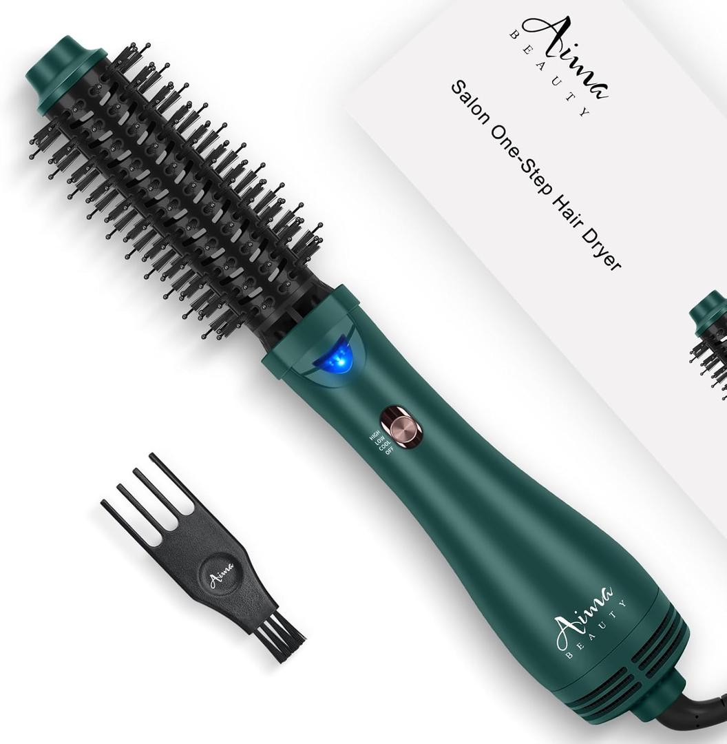 Aima Beauty Hair Dryer Brush, One Step Hair Dryer & Volumizing Hot Air Brush, 3 Heat/Speed Settings, Advanced Ionic Technology, Ceramic Coating, Nylon Pins & Tufted Bristles, Dark Green, 1000W, 125V (1.26"/ 32mm Round Barrel)