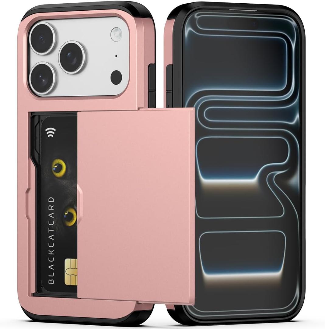 Nvollnoe Compatible with iPhone 17 Pro Case with Card Holder Dual Layer Heavy Duty Protective Shockproof Hidden Card Slot Slim Wallet Phone Case for Women&Men 6.3 inch(Rose Gold)
