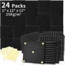 Focusound 24 Pack Acoustic Foam Panels 1" x 12" x 12" Sound Proof Foam Panels Soundproofing Noise Cancelling Wedge Panels for Home Office Recoding Studio with 240PCS Double-Side Adhesive