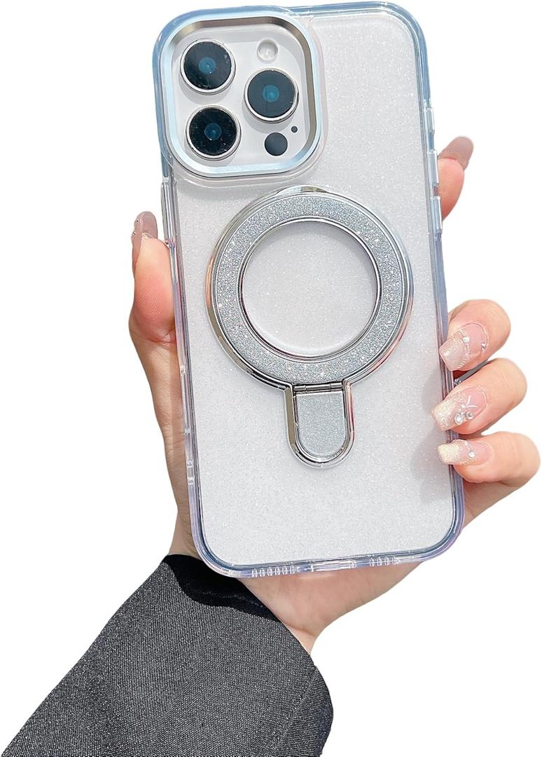 XIQI Compatible with Clear iPhone 17 Pro Case with Magnetic Shiny-Ring Stand Compatible with Mag-Safe Military Protection Shockproof Glitter Phone Case for iPhone 17 Pro, Clear