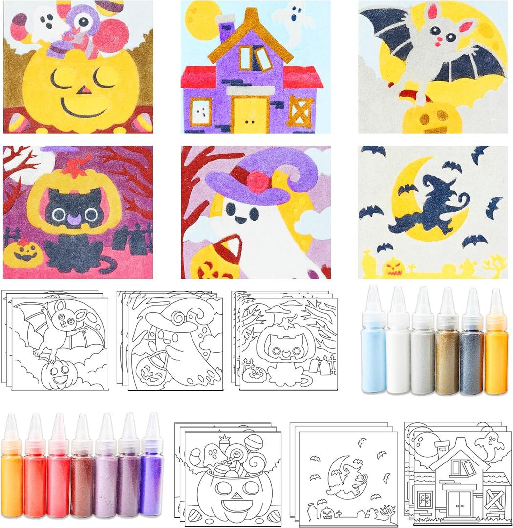 2 x MLOLM 24 Sets Halloween Sand Art Kit, DIY Painting Craft,Pumpkin Ghost Haunted House Witch Cat Bat Sand Painting with Colored Art Sand, Creative Halloween Theme Party Activity
