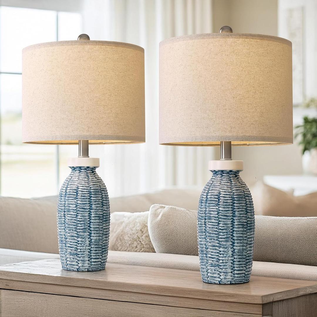 22.75" Table Lamps for Bedroom Living Room Boho Lamp Set of 2 Farmhouse Lamp Bedside Nightstand Small Rustic Vintage Retro Modern Table Lamp Light Home Office Desk Deco Gifts, Blue