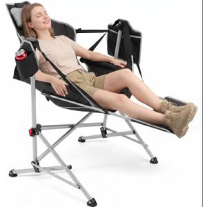 Hammock Camping Chair with Footrest, Oversized Swinging Folding Camp Chair for Adults, Adjustable Back & Seat, Heavy Duty Rocking Chair with Cup Holder & Pillow for Outdoor Patio Lawn RV, Black