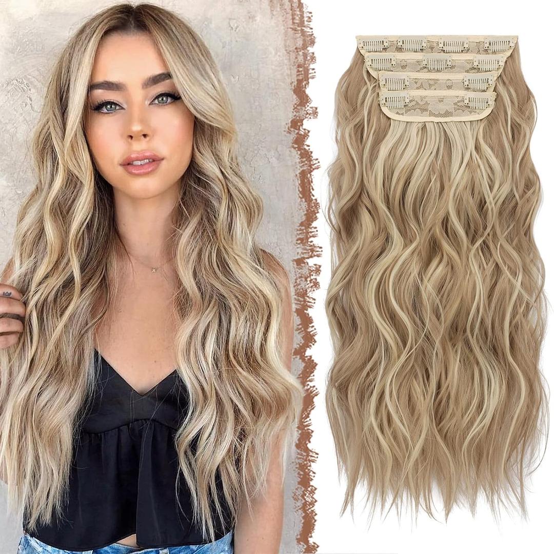 FESHFEN Clip in Hair Extensions - 4 PCS Long Wavy Thick Highlighted Clip in Hairpieces Synthetic Hair Extension for Women, Dirty Blonde 20 Inch