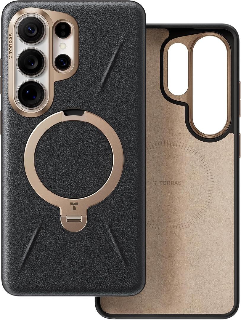 TORRAS Ostand Q3 VegSkin for Samsung Galaxy S26 Ultra Case Leather, 360 Magnetic Stand, Fit for MagSafe, Premium Vegan Leather Case for S26 Ultra Case, Microfiber Lining, Obsidian Black