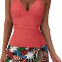 SUUKSESS Women Tummy Control Tankini Swimsuit Sexy Halter Bathing Suit 2 Piece (Medium, 147 Coral Pink Leaf)