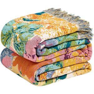 MSGKV Boho Throw Blanket for Couch 50"x60" Cotton Floral Blankets for Sofa Chair Spring Breathable Farmhouse Home Decor All Seasons Lightweight Muslin
