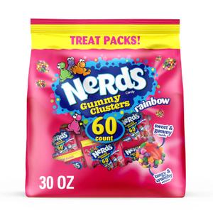 NERDS Gummy Clusters, Candy Treat Packs, Rainbow, Crunchy and Gummy, 30 oz (60 ct) (EXP 02/01/26)