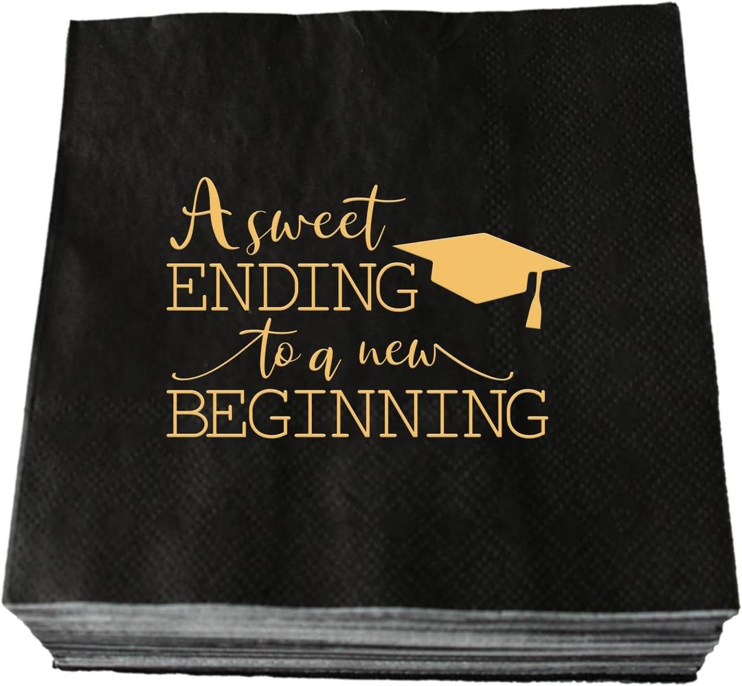 A Sweet Ending to A New Beginning Paper Cocktail Napkins, 50 Pcs Black & Gold Class of 2025 Graduation Party Decorations for High School College University Grad, The Adventure Begins/Continues, 3 Ply