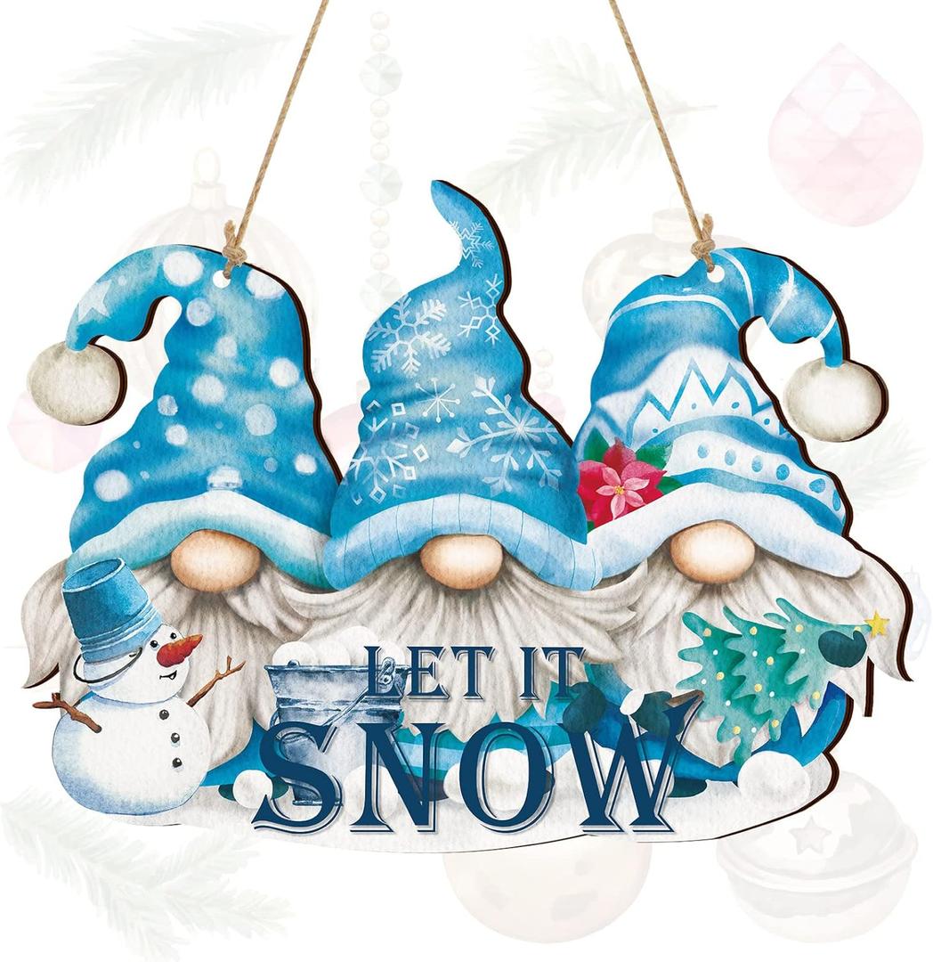 Glenmal Let It Snow Decor Snowman Hanging Wall Sign Blue Winter Sign Gnome Christmas Wood Front Door Decor Christmas Snowflake Decoration for Party Indoor Outdoor Welcome Home